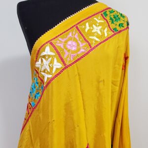 Golden Mustard Handcrafted Phulkari Saree with Multicolor Embroidered Pallu Border