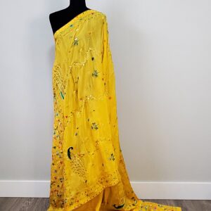 Sunshine Yellow Hand Embroidered Phulkari Saree with Peacock Motif and Mirror Work