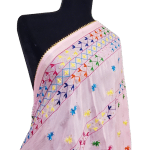 Pastel Pink Cotton Dupatta with Multicolor Bird Embroidery, Sequin Work & Gota Border