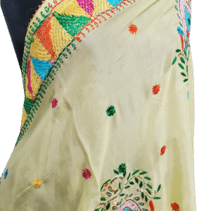 Rangreeza Phulkari Saree Cream Color Multi color thread Gotta Border