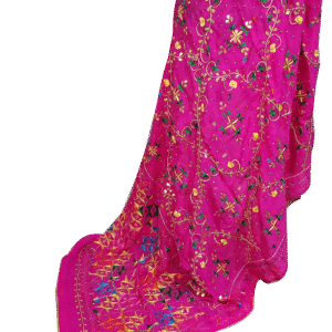 Magenta Handcrafted Phulkari Saree with Multicolor Floral and Mirror Embroidery
